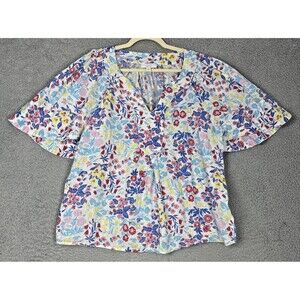 Charter Club Luxury Linen Top Size XL Floral Print Blouse Short Flutter Sleeve